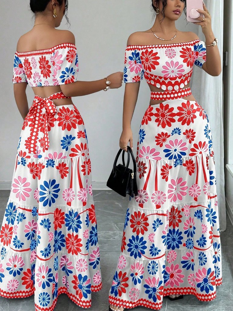 Boho Women's Casual Floral Print Off Shoulder Tie-Waist Maxi Dress